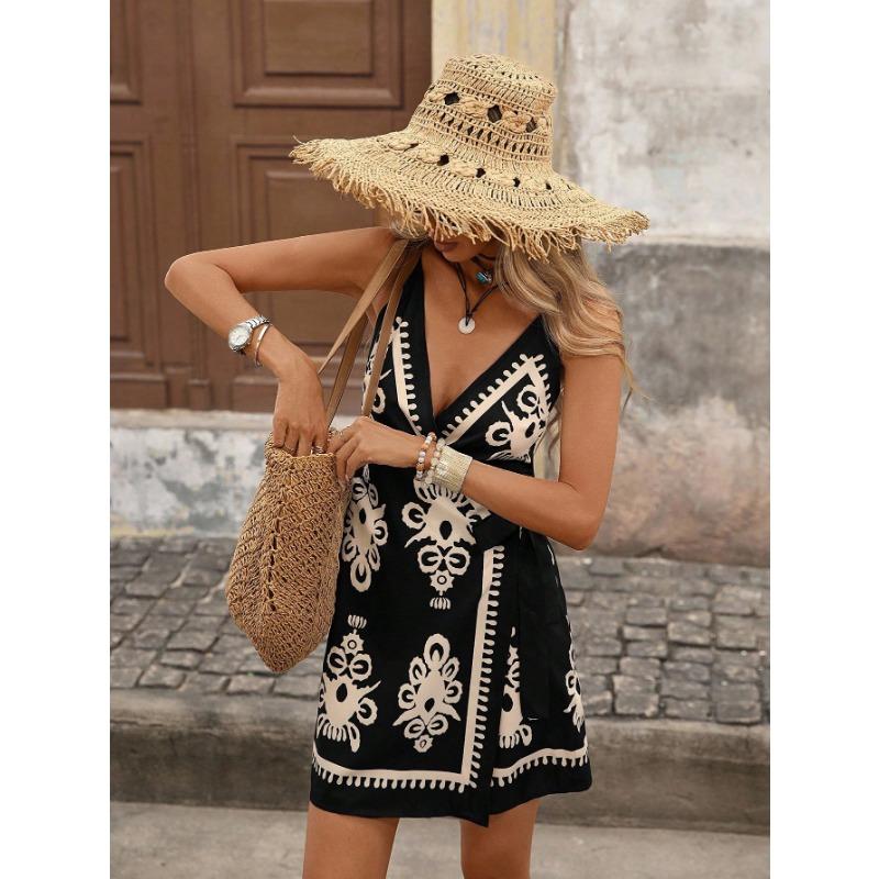Women Tropical Print Wrap Mini Dress V Neck Sleeveless With Waist Tie