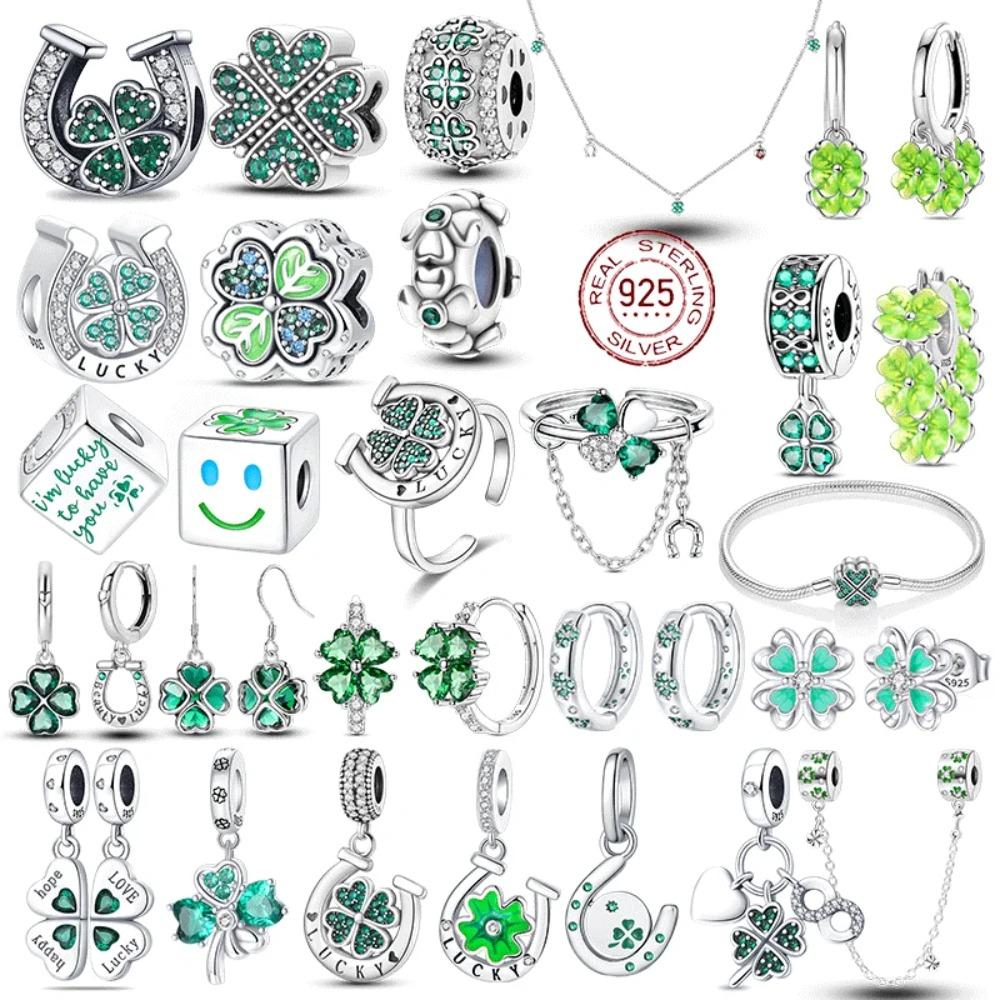 925 Silver Four Leaf Clover Pendant Green Lucky Charm Beads DIY Jewelry for Women Bracelet Making Diy