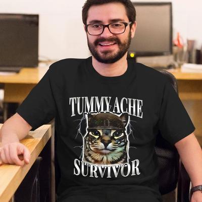 Tummy Ache Survivor Cat Meme Funny Saying Cats Animals T Shirt Summer Pure Cotton TShirts for Mens Trending Casual Tee Shirt
