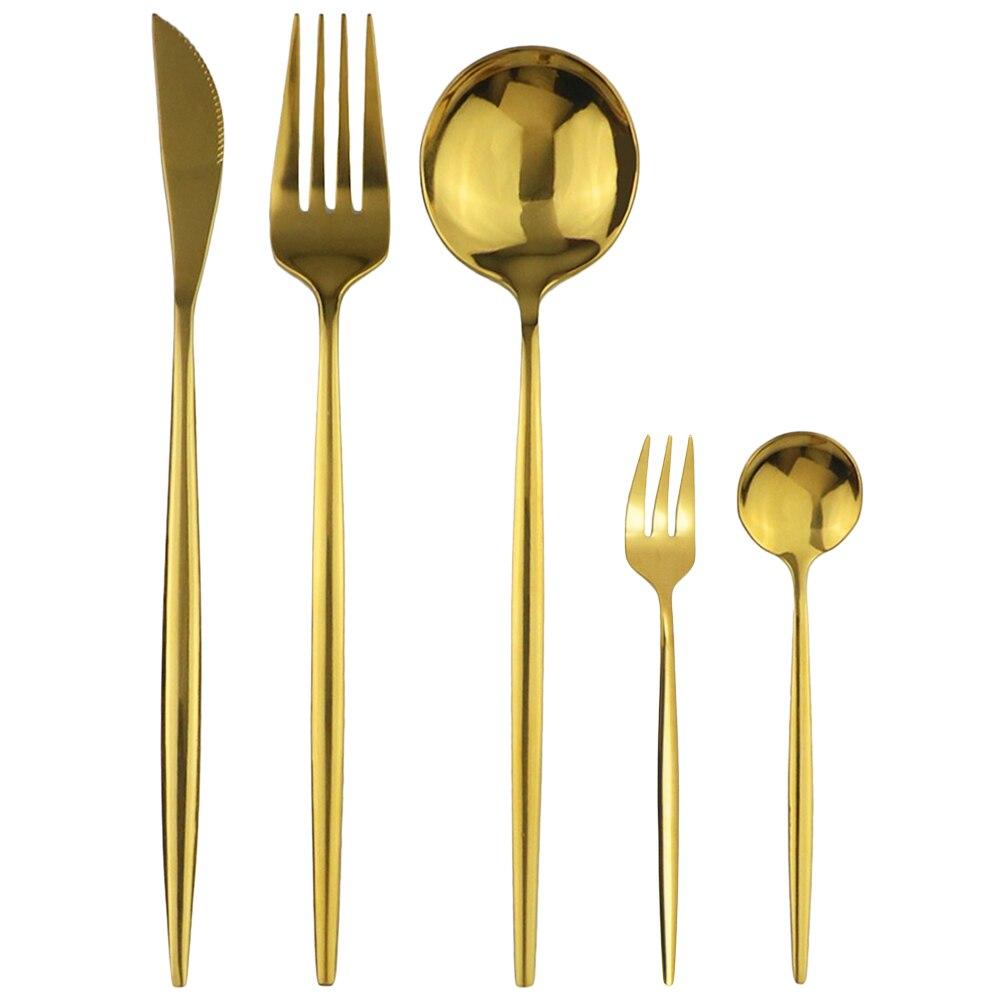 5Pcs Black Gold Dinnerware Set Knife Fork Spoon Flatware Set Stainless Steel Tableware Set Kitchen Cutlery Fruit Fork Silverware