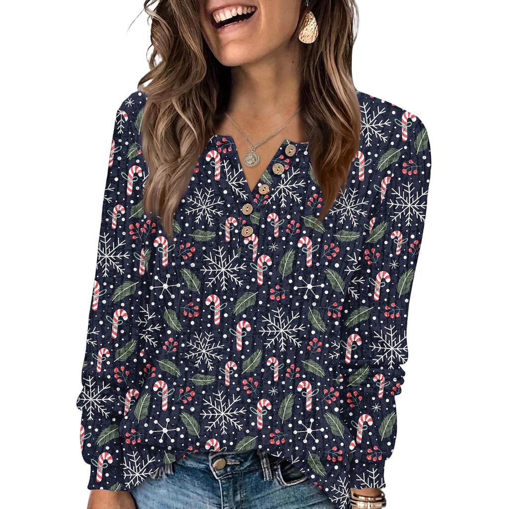 Women's Fashion V-Neck Button-Up T-Shirt With Christmas Print Long-Sleeved Top