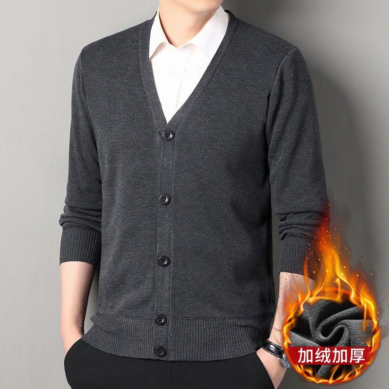 New Autumn Winter Men's V-neck Velvet Thickened Cardigan Sweater Middle-aged Elderly Warm Knitted Jacket