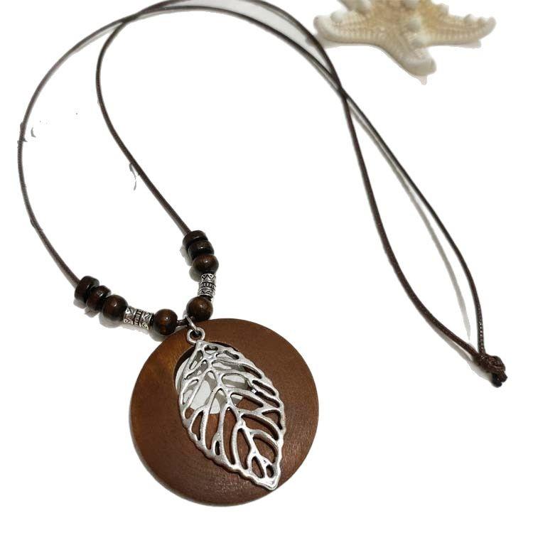 New Chinese Retro Zen Leather Rope Necklace Autumn and Winter Bohemian Ethnic Wind Leaf Long Sweater Chain