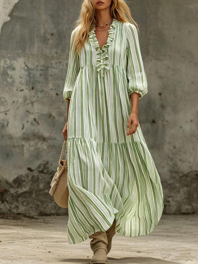European and American spring and autumn new V-neck pleated striped loose casual dress women