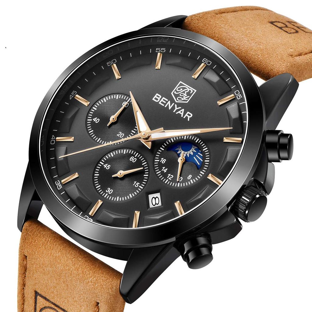 BENYAR Chronograph Watch with Leather and Brown or Black Men's Multi-Calendar Strap, Water-Resistant Scratch-Resistant,