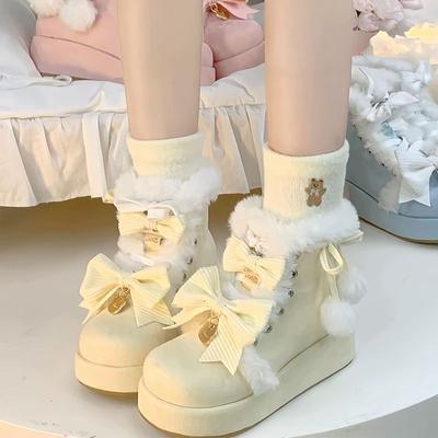 Lieflijke Meisjes Lolita Winter Warme Sneeuwlaarzen, Studenten Zoete Pluche Strikken PU Leer Vetersluiting Verhogende Middenkuit Platform Schoenen