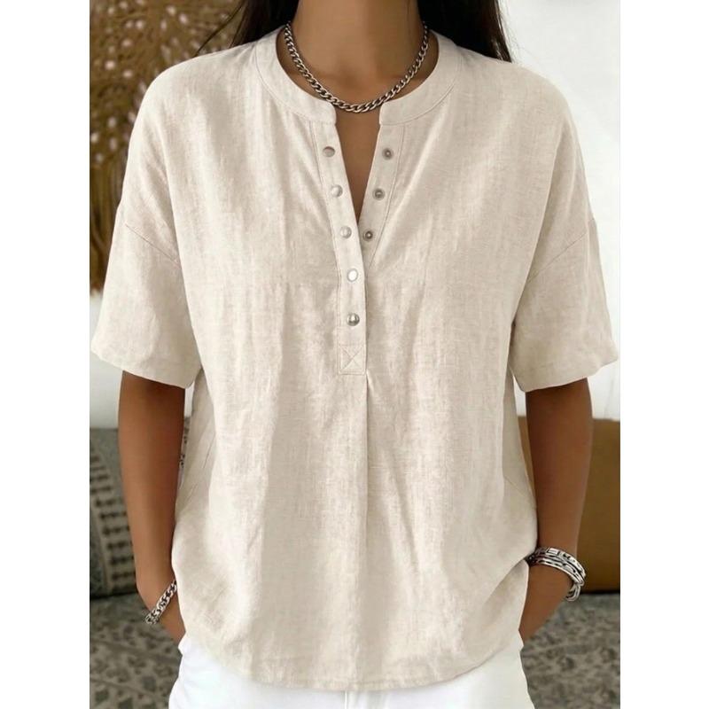 women s Loose Half Placket Henley Neck Short Sleeve Linen Cotton Blend Casual Blouse Shirt S абрикосовый
