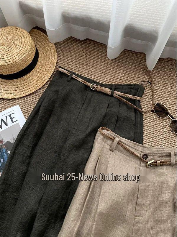 Women s Khaki Linen Wide-Leg High-Waisted Pants - Slimming, Relaxed Fit for Spring 2026 Medium