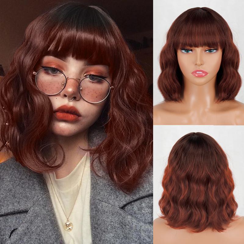 MERISIHAIR Women Short Bob Natural Wavy Pink Wig with Bangs Synthetic Fiber Short Water Wave Wig Daily Wear Cosplay