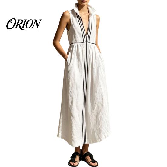 Comfortable Women Dress Women s Summer Sleeveless Maxi Dress, Zip Up Stand Collar Soft Fabric A-line Long Color Block Beach Sundress with Pockets M