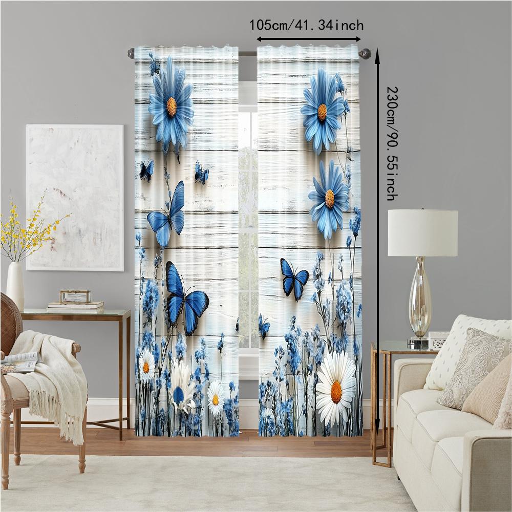 Set Of 2 Rustic Versatile Polyester Transparent Curtains Home Decoration Blue Butterfly Daisy Use Bedrooms Curtain Perfect For Bedroom
