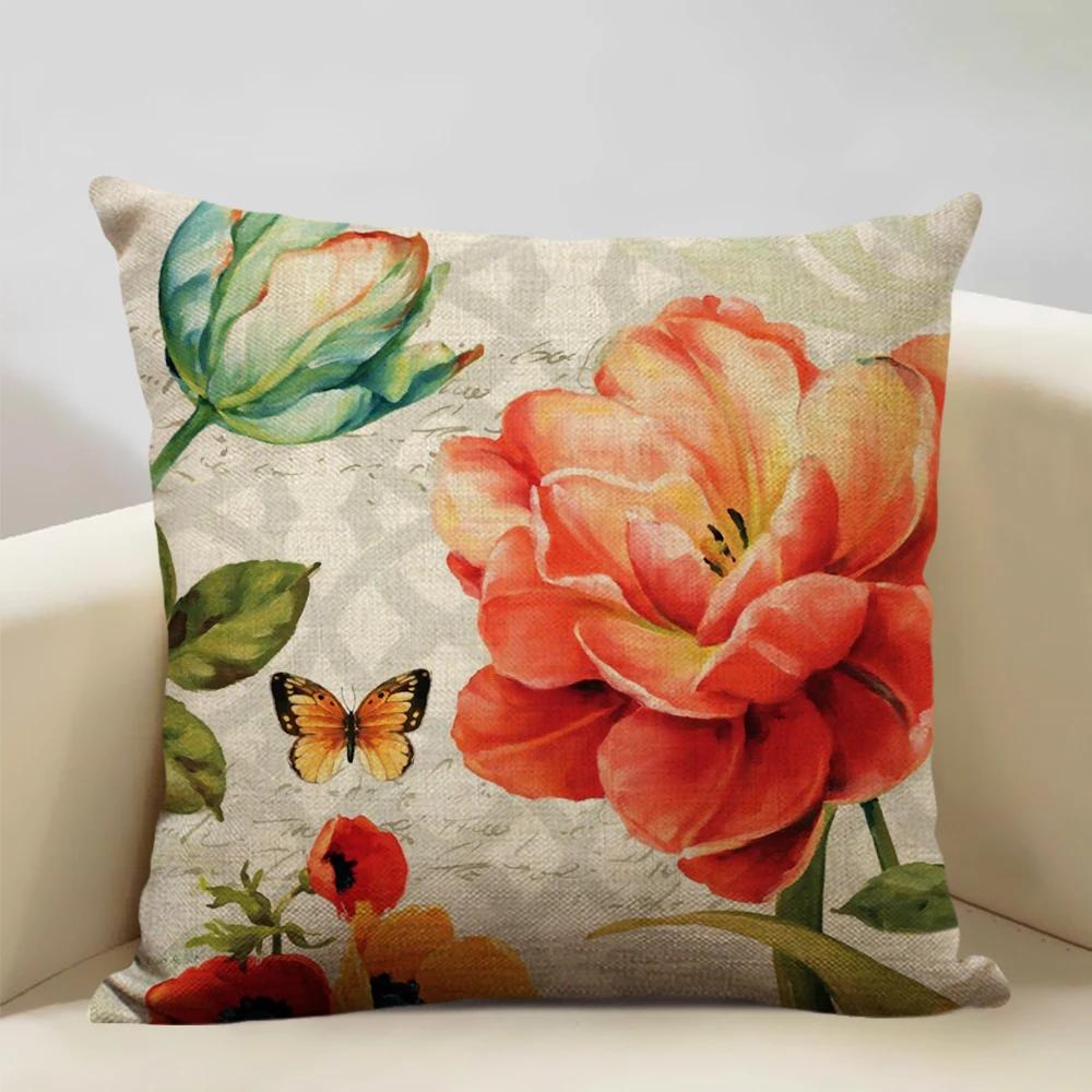 Retro Style Cushion Cover 45x45cm Linen Pillow Case Living Room Sofa Decor Pillowcase Colorful Exquisite Flower Pattern Car Seat
