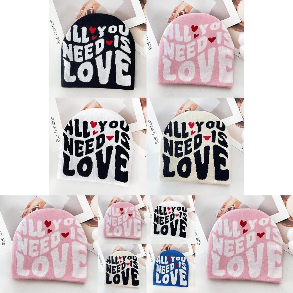 Simple Color Blocked Letter Heart Pattern Women Casual Warm Knitted Hat For Urban Outdoor Use