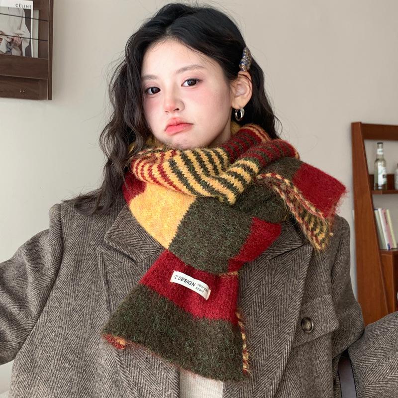 

Color-Block Striped Knitted Wool Scarf Korean Style Women s Autumn Winter Versatile Thickened Warm Neck Warmer