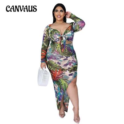 Fashion Plus Size Women's Sexy Print Lace Skew Slit Asymmetrical Dress