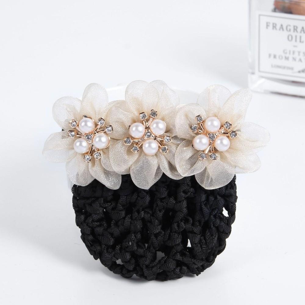 Elegant Imitation Pearl Delicate Flower Hair Net Dual-Use Cloth Cover Net Spring Clips Ornament Colorful Bun Net Snood Korean