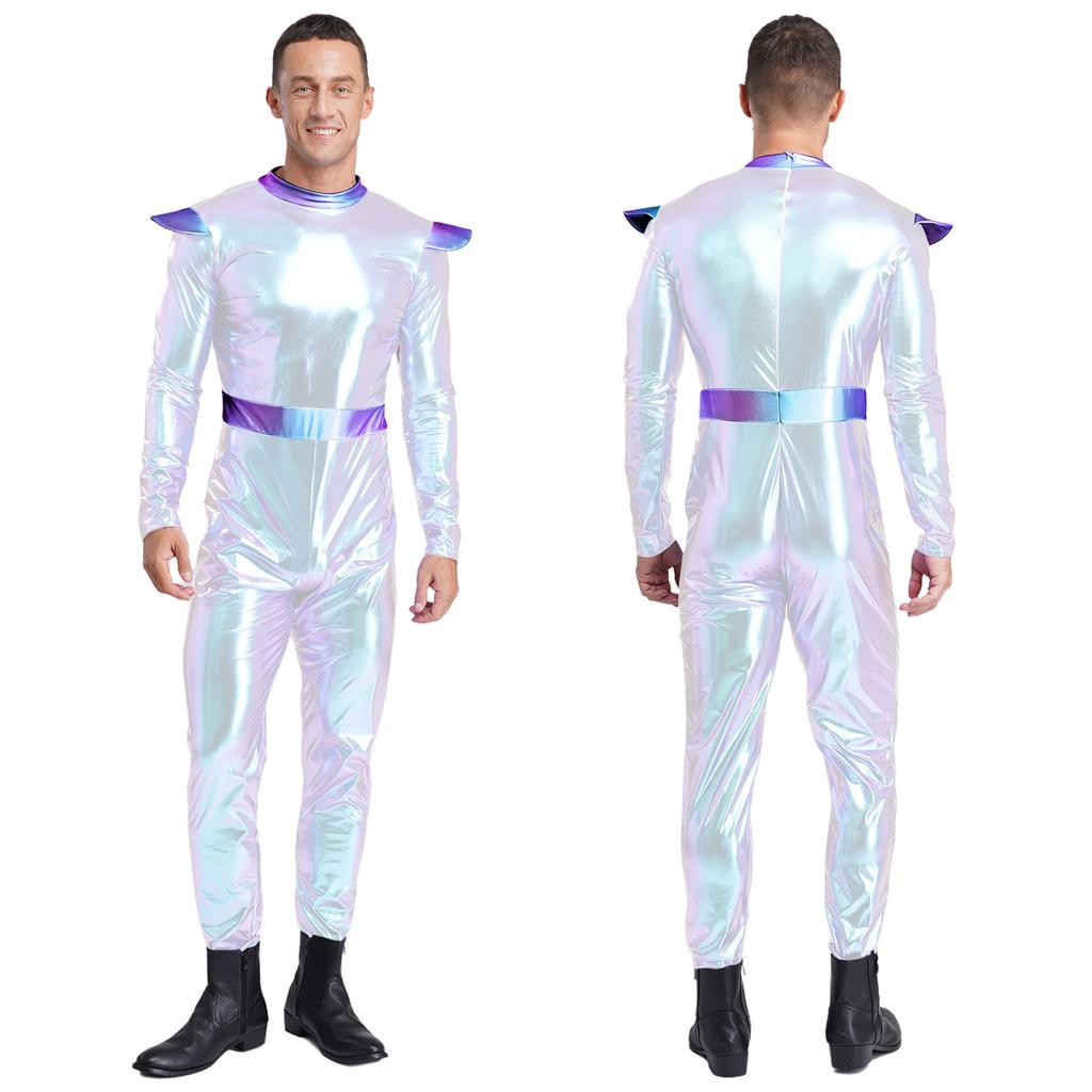 One-Piece Outer Space Costume for Men M-3XL: Easy Wear Long Sleeve Jumpsuit, Combines Cute & Robotic Styles for Photos