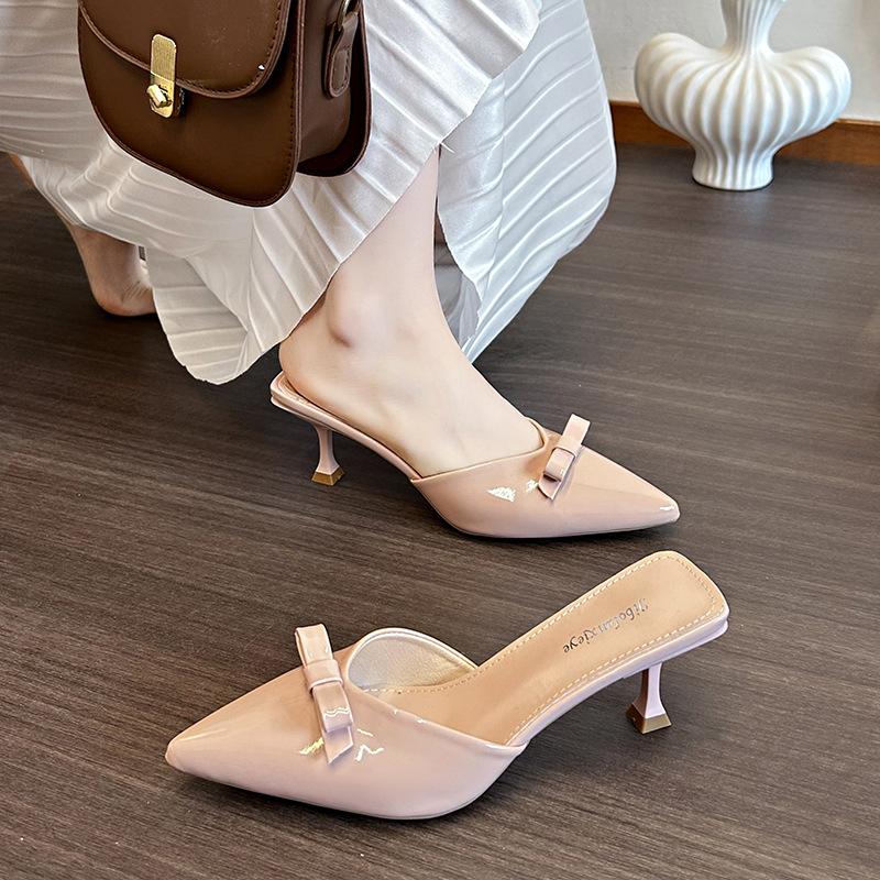 2025 summer new European and American foreign trade large size fashion pointed bow bag head comfortable foot half slippers