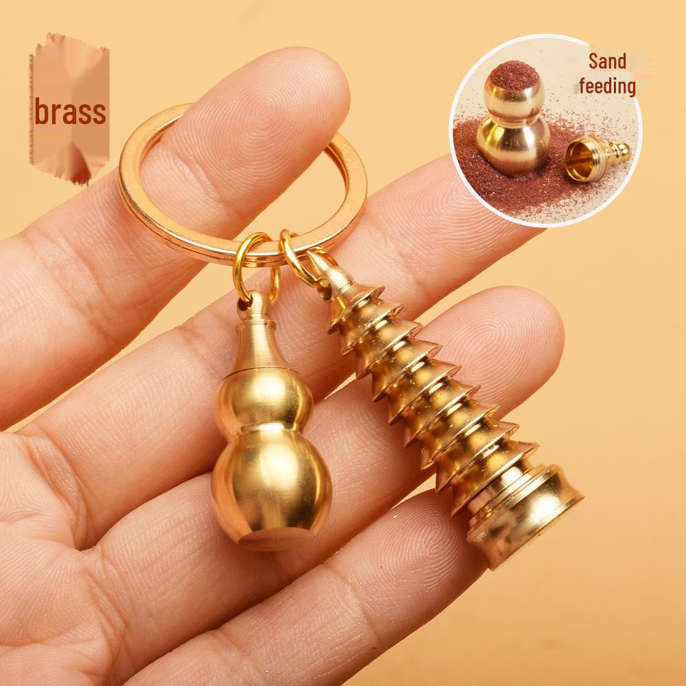 Brass Wenchang Tower & Five Emperors Coin Gourd Keychain 