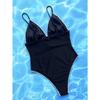 Schwarzer Strick Einteiliger Badeanzug mit Brust 2025 Damen Patchwork V-Ausschnitt Push-Up Bauchkontrolle Bademode Strand Badeanzug Monokini