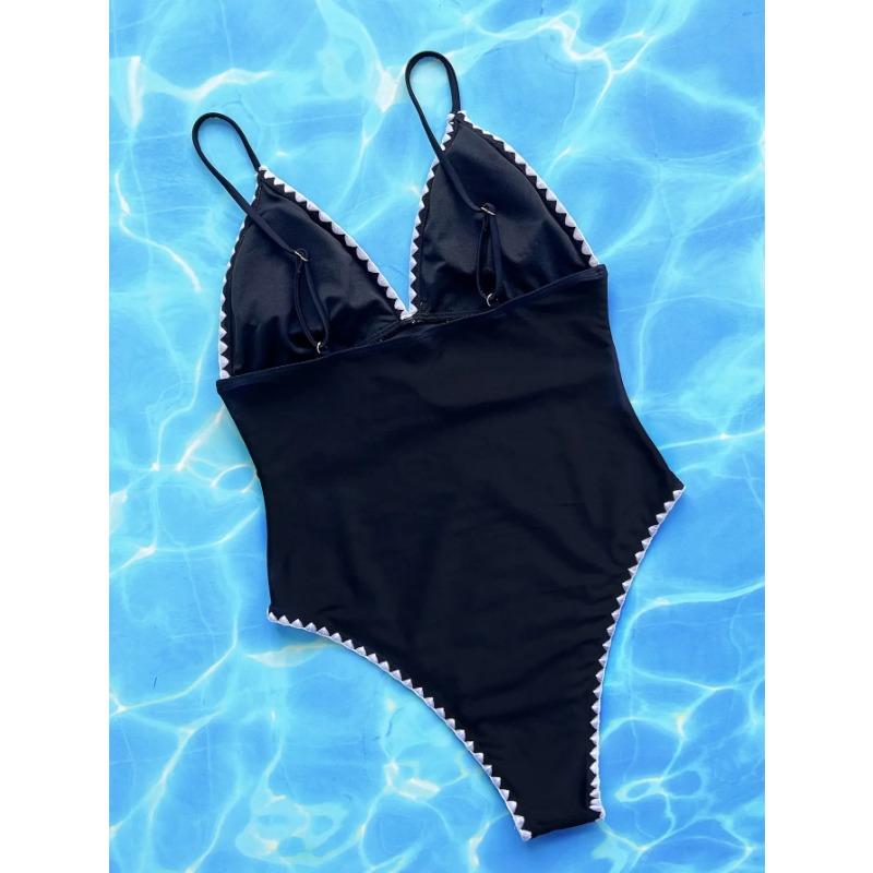 Schwarzer Strick Einteiliger Badeanzug mit Brust 2025 Damen Patchwork V-Ausschnitt Push-Up Bauchkontrolle Bademode Strand Badeanzug Monokini