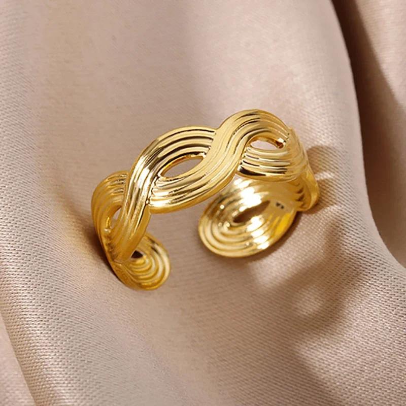 316L Stainless Steel Rings for Women Gold Color Multilayer Geometric Open Ring Vintage Waterproof Wedding Aesthetic Jewelry Gift