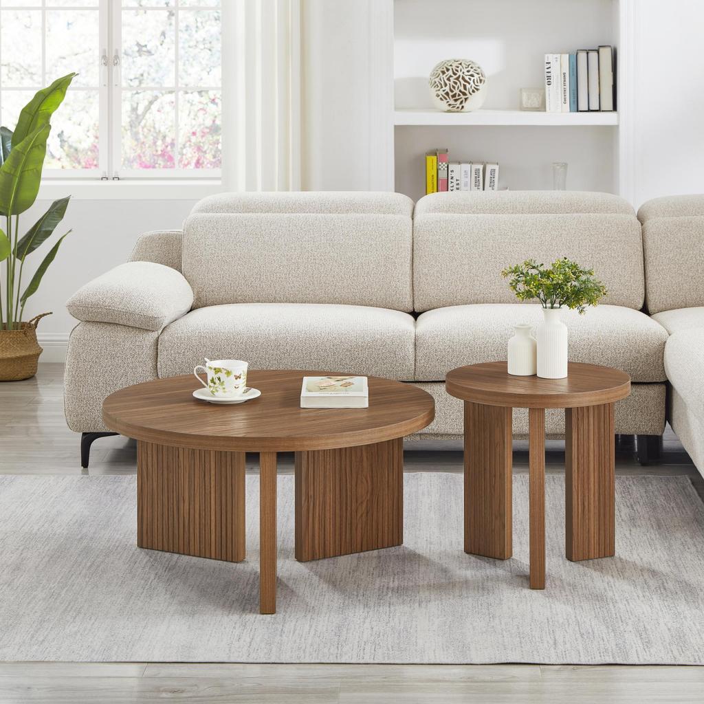 Modern Round Coffee Table Set with Grooved Structure Side Table Coffee Table - Elegance & Functionality for Living Room and Office (2 Pieces)