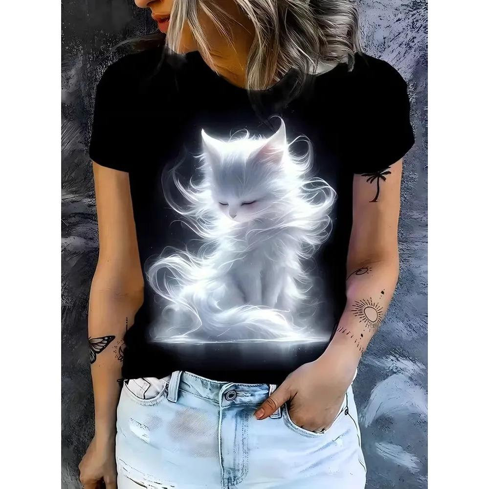 Cute Cats Small Animals Fun 3D Printed Short Sleeved T-shirt Fashionable Comfortable Soft Breathable Large Loose Summer Womens T-shirt