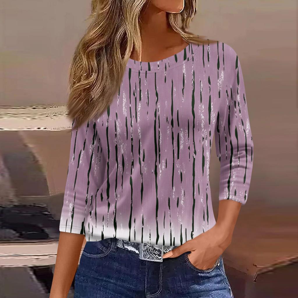 Women's Three-Quarter Sleeve Shirt, Round Neck, Loose Fit, Casual Shirt, Floral Print T-Shirt, Summer