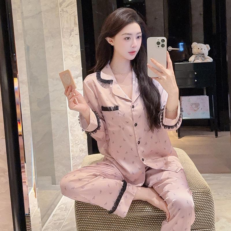 Ice Silk Women s Pajama Set - 2026 Spring/Summer Cute Long Sleeve & Pants with Sweet Print L розовый
