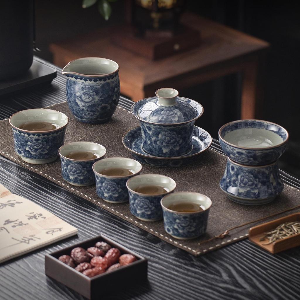 Antique Sancai Blue & White Gaiwan Kung Fu Tea Set: Cultivable Crackle Ceramic Tea Bowl & Large Cup
