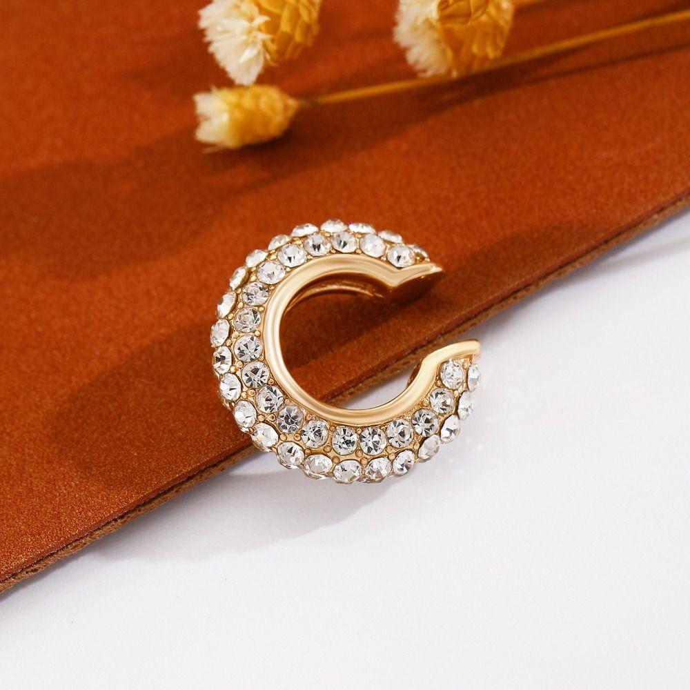 Retro Copper C Shape Ear Cuff Crystal Metal No Piercing Earrings Irregular Shape Thick Rhinestone Stud Earrings Daily
