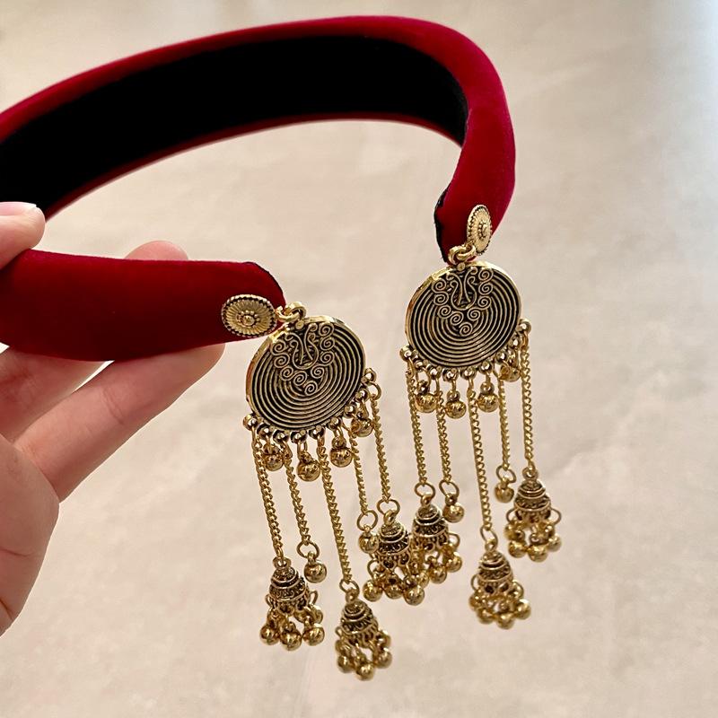 Ethnic Headband Wine Red Christmas Headbands Tassel Pendant Hair Accessory Mixed Materials Retro Hairband For Cosplay Party