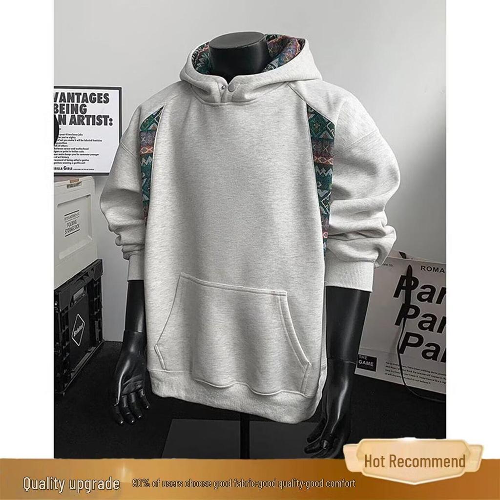 Men's Autumn Patchwork Hoodie: Chinese Ethnic Style, High Collar, Long Sleeve