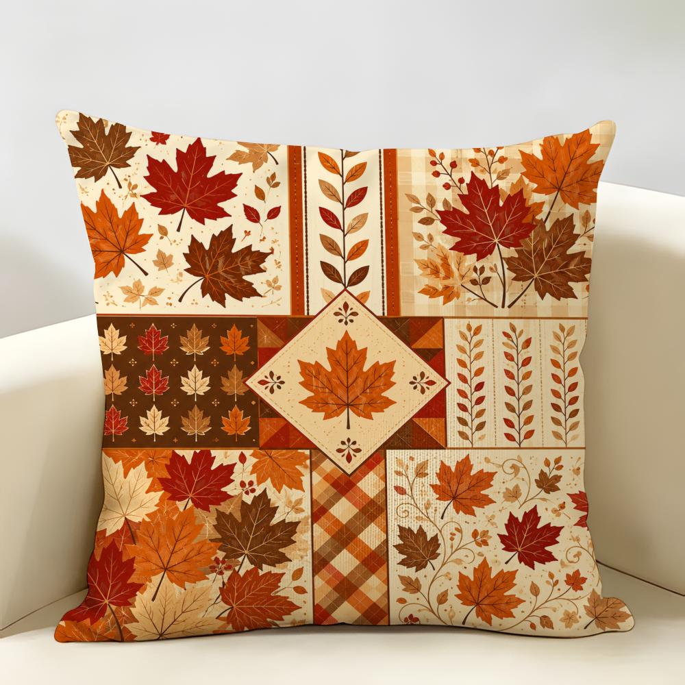 Autumn Maple Leaf Pattern Cushion Cover Durable Hypoallergenic Organic Linen Pillow Cover Short Size Washable Skin-Friendly