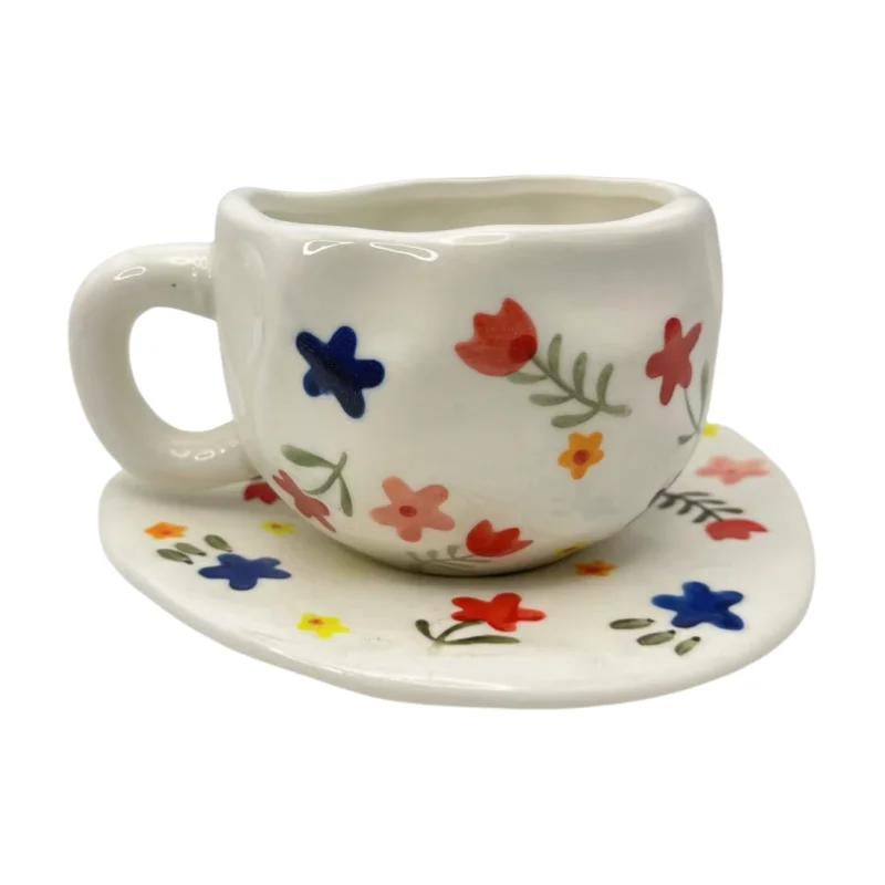 Hot Sale Manufacturer Hand-Painted Ceramic Cup Ceramic Coffee Cup Set Irregular Cup with Plate