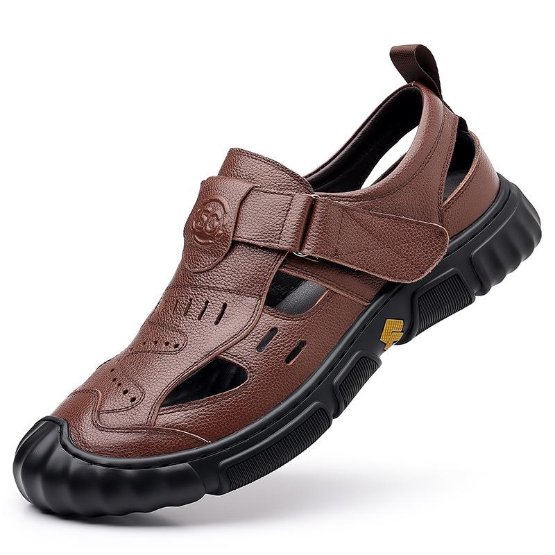 Men's sandals 2025 summer breathable hole shoes men's leather non-slip casual dad shoes durable rubber sole