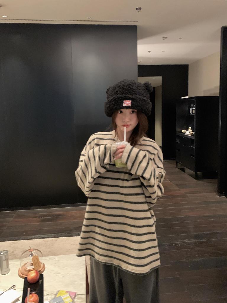 HEYGIRL Black Lazy Stripe 3.0 Korean Style Women's Autumn Loose Casual T-shirt