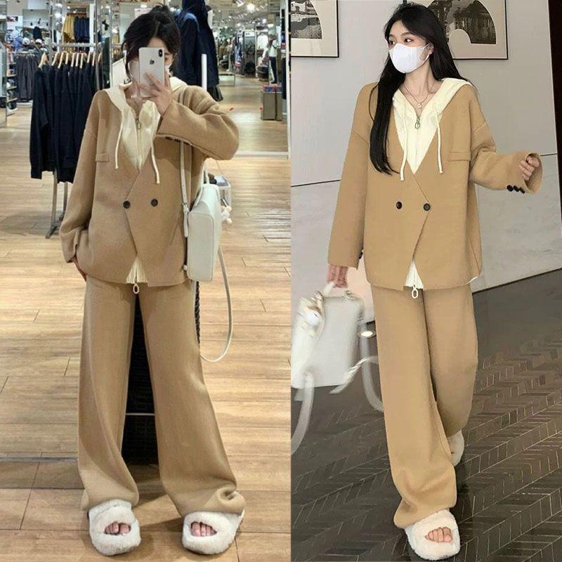 Spring and Autumn Long-sleeved Fake Two-piece Hooded Top Loose Large Size Belly-covering Trousers Suit for Women