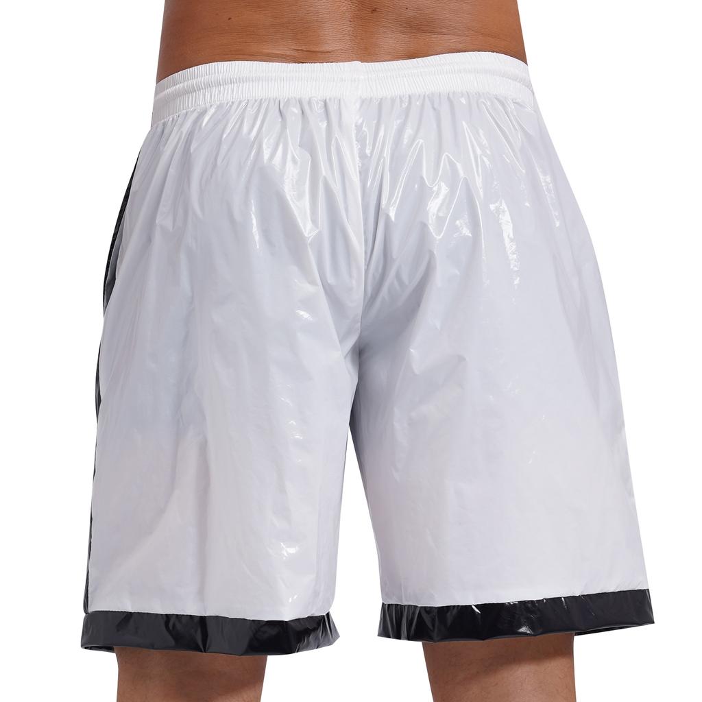 Mens Wet Look Boxer Shorts Drawstring Elastic Waist Pockets Waterproof Beach Shorts Swimming Trunks Loose Fit Short Pants Club