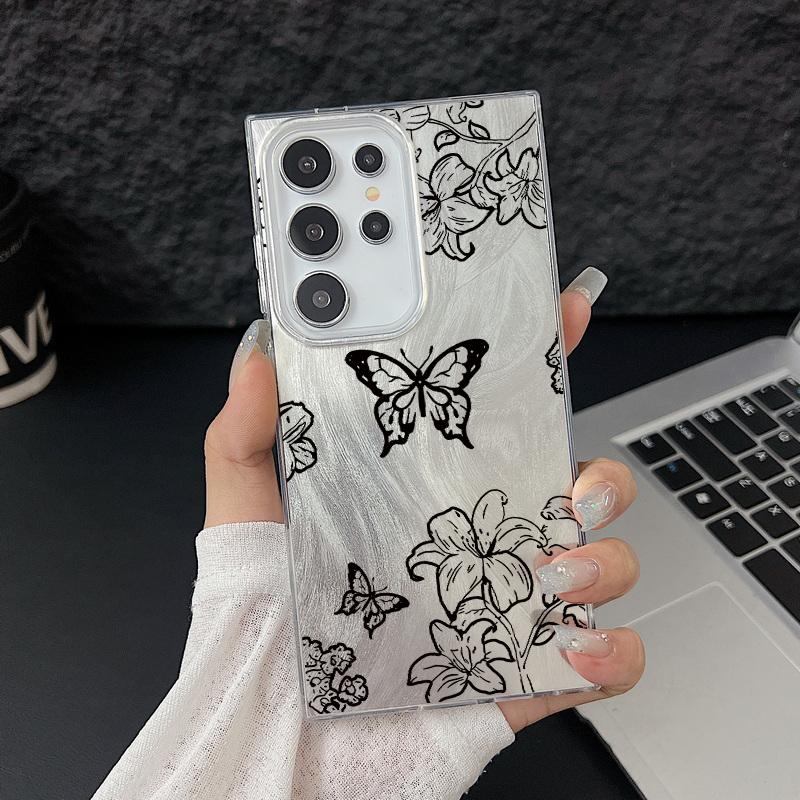 Black Butterfly Print Glitter Glossy Phone Case For Samsung S25 S24 FE S23 Ultra A56 A36 A55 A16 A15 TPU PC Hybrid Shockproof Slim Clear Bumper Cover