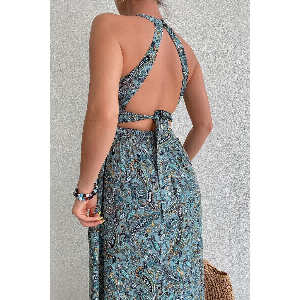 Sukienka maxi Długa sukienka Nowa sukienka sezonowa Sukienka z marszczoną talią Sukienka z niskim wycięciem na plecach 1725