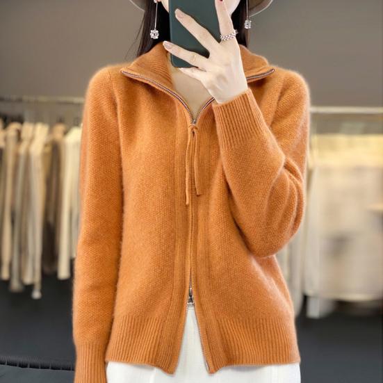 Women Knitted Sweater Coat High Collar Long Sleeve Double Zipper Placket