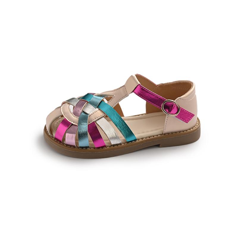 

Rainbow Fashion Color Weaved Sandals Girl Design Round Toe T-Strap Roman Shoes Baby Child Anti-Slip Soft Bottom Summer 24