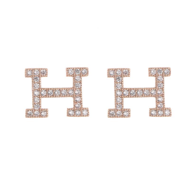 Korean Style Elegant Diamond Inlaid H-Shaped Metal Stud Earrings for Women