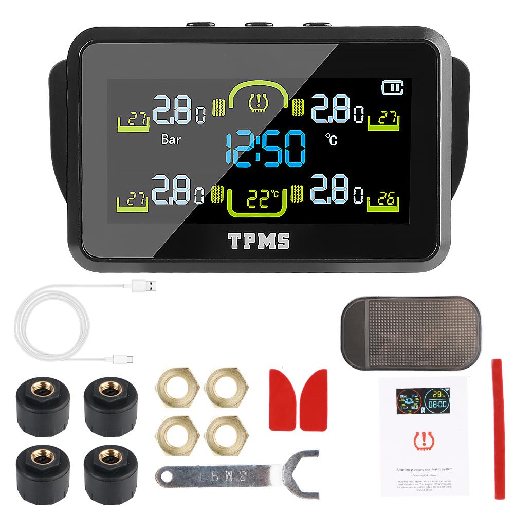 Tire Pressure Monitoring System Solar TPMS With 4 External Sensors T14-1 Car Tyre Pressure Monitor Temperature Warning Fuel Save