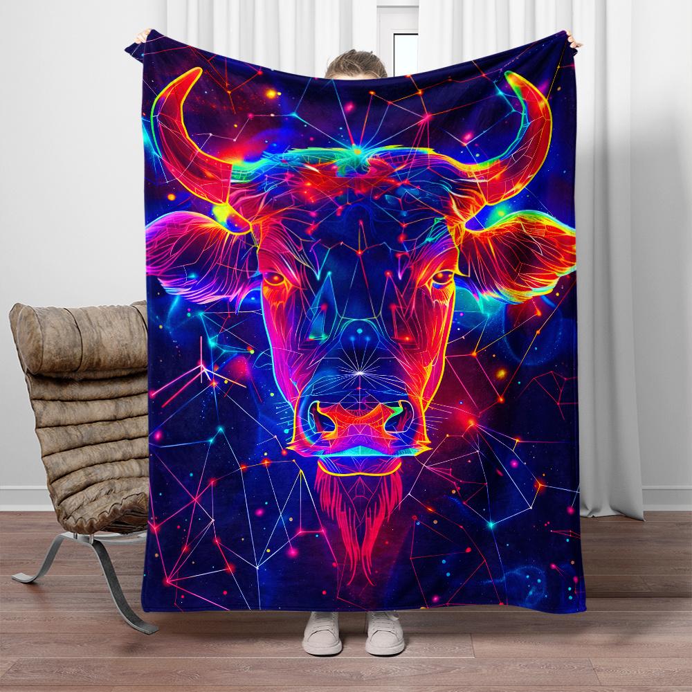 Neon bull cosmic galaxy abstract art flannel blanket futuristic zodiac design space theme bedroomdecor modern artblanket vibrant 75x100cm
