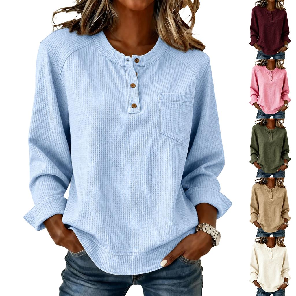 Damen Mode Strick Oberteil mit langen Ärmeln und Taschen, Lockerer Raglan Herbst Winter Hemd