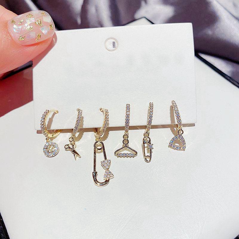 ANENJERY 6 Pieces/set Star Scissors Pin Bow Earrings Set Zircon Earring Korean Fun Ear Buckle Accessories