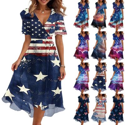 Damen Lässiges V-Ausschnitt Kurzarm Unabhängigkeitstag Print Kleid